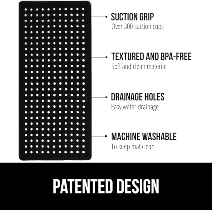 GORILLA GRIP Patented Bath Tub Shower Mat, Machine Washable Bathtub Floor Liner Mats, Suction Cups and Drain Holes to Keep Tubs Clean, Soft on Feet, Bathroom Essentials, 35x16 Inch, Black-NeatNest