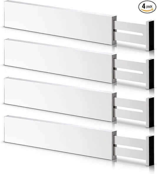 4 Pack Bamboo Drawer Dividers, Adjustable Length from 12 Inch to 17 Inch, Expandable Kitchen Drawer Organizer, Drawer Organization Separators for Clothes, Kitchen, Bedroom, Dresser, Office (White)-NeatNest
