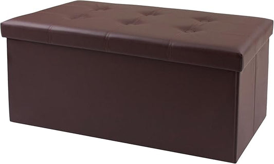 30 Inches Folding Storage Ottoman Bench, Faux Leather Footrest Ottoman, Storage Trunk Footrest for Bedroom, Living Room and Hallway, Support 350lbs, Brown Brown line