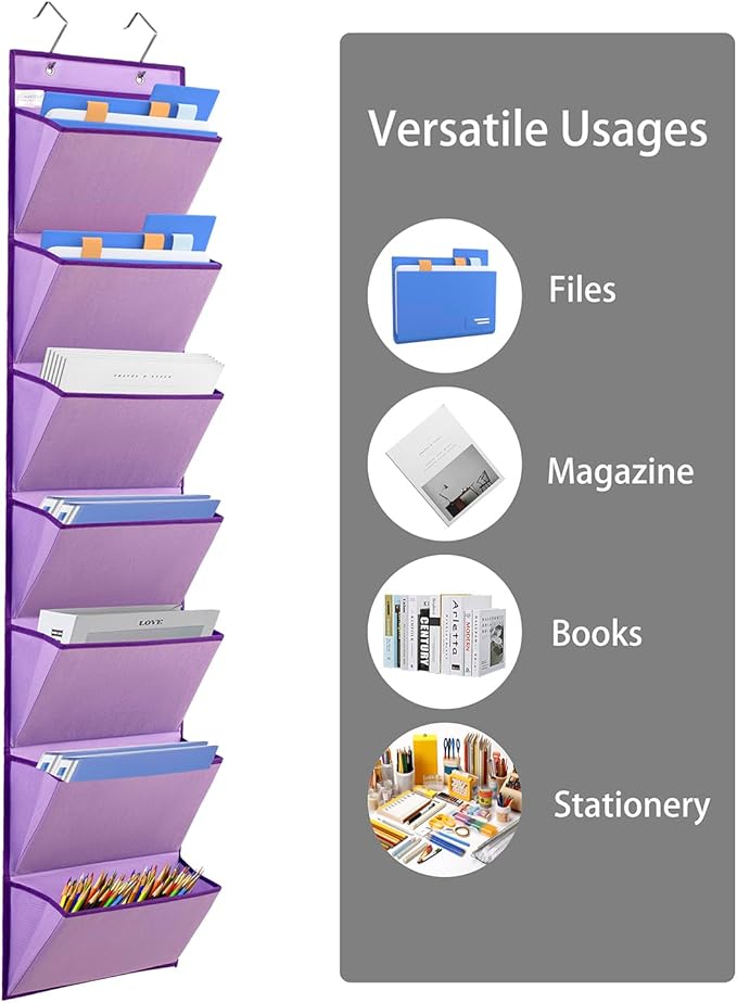 Wall Mounted File Holder Over Door Hanging Mail Organizer Document Storage Bag for Papers Magazines and Books (7 POCKETS-PURPLE)-NeatNest