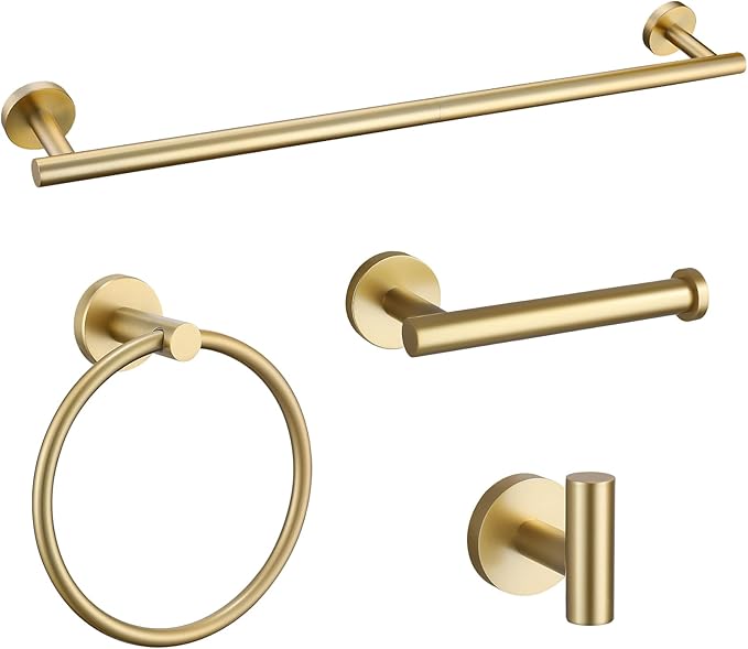 Brushed Gold Bathroom Hardware Accessories Set 4 Pieces Towel Bar Set Modern Round Towel Ring 19.68 in Towel Bar Towel Hook and Toilet Paper Holder Stainless Steel Wall Mounted-NeatNest