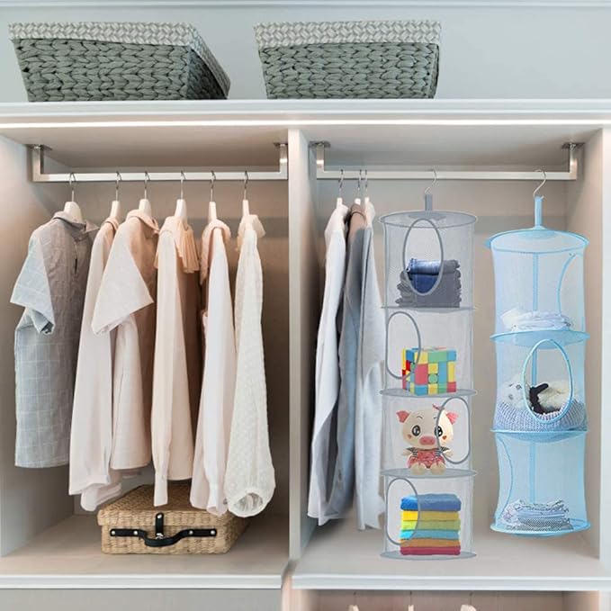 2pcs Hanging Mesh Storage Organizer Bag Foldable Space Saving Organizer with 2pcs S Hooks for Room Bathroom Wall Balcony Wardrobe(Grey，Blue)-NeatNest