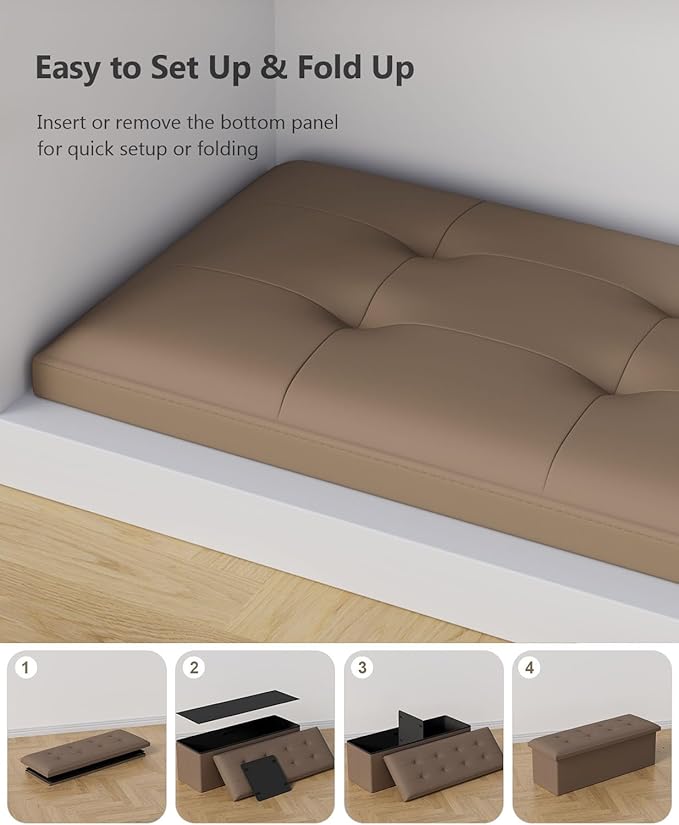 Folding Storage Ottoman Bench, Multi-Functional Ottoman Footrest, End of Bed Bench, Storage Chest for Living Room, Bedroom, Hallway, Entryway, Holds Up to 700 lbs (Brown, 43 Inches)