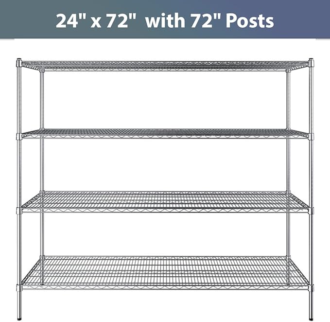 24" x 72" NSF Chrome 4-Shelf Kit with 72" Posts, Commercial Storage Rack Unit, Heavy Duty Storage Shelving, Wire Shelving Kit, Adjustable Rack Strong Steel, Multipurpose Wire Shelf
