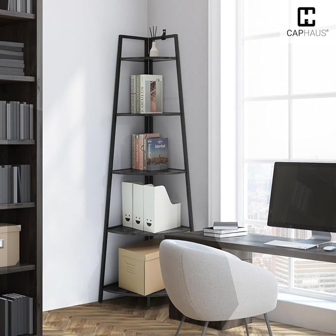 CAPHAUS Tall Corner Shelf Stand, 5-Tier Display Shelves, Ladder Corner Wood Storage Plant Bookshelf with Metal Frame, Versatile Shelving Unit Bookcase for Home Office Space, Black-NeatNest
