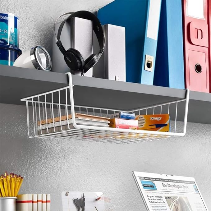 Under Shelf Wire Storage Baskets – Hanging Organizer Rack for Cabinet, Pantry, or Closet – White Metal Basket for Kitchen, Towels, or Office – No Tools Required (Set of 2 19")-NeatNest