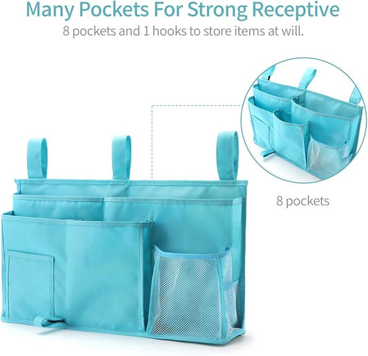 Bseash Bunk Bed Organizer, Bedside Caddy Hanging Bed Organizer Storage Bag 8 Pockets, for College Dorm Rooms Bed, Hospital Bed, Baby Bed Rails, 600D Oxford Cloth (Light Blue)-NeatNest
