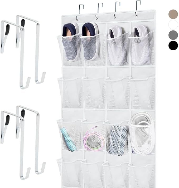 HOME GENIE Over the Door Hanging Shoe Organizer, 24 Breathable Mesh Pockets, Closet Rack Storage Holder, Stay in Place Hooks Hang on Closets, Hanger Holds Up to 40 lbs for Shoes, Accessories, White-NeatNest