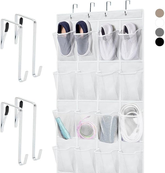 HOME GENIE Over the Door Hanging Shoe Organizer, 24 Breathable Mesh Pockets, Closet Rack Storage Holder, Stay in Place Hooks Hang on Closets, Hanger Holds Up to 40 lbs for Shoes, Accessories, White-NeatNest