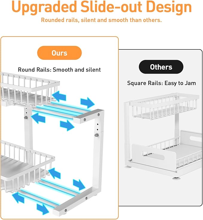 Under Sink Organizer, 2 Tier Height Adjustable Pull Out Cabinet Organizer Drawer, Metal Storage Shelf with Slide Out Wire Basket for Bathroom Kitchen, Countertop Pantry, White-NeatNest