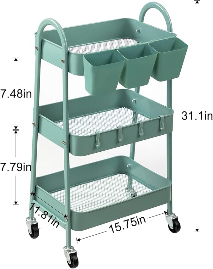 danpinera 3-Tier Rolling Cart, Metal Rolling Storage Cart with Lockable Wheels & Hanging Cups & Hooks, Mobile Trolley for Kitchen, Bathroom, Office, Workshop, Green-NeatNest