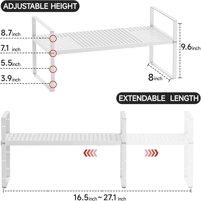 Expandable Cabinet Shelf Organizers, Stackable Metal Shelves Extender for Kitchen Countertop Storage, Adjustable Spices Shelves Rack Stand for Cupboard Pantry, White-NeatNest