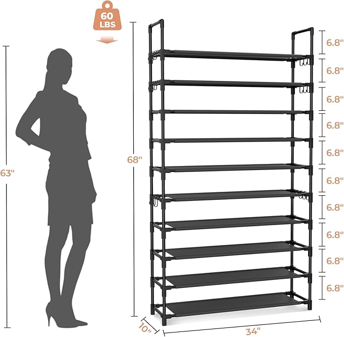 Tall Shoe Rack 10 Tier Shoe Organizer Large Shoe Shelf with 18 Hooks Storage for 50 Pair Sneaker and Boot, Stackable Vertical Shoe Rack Organizer for Closet, Entryway, Bedroom-NeatNest