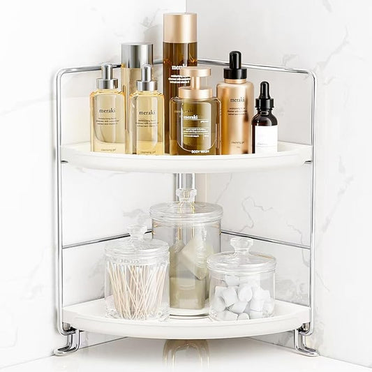 FSyueyun 2-Tier Corner Bathroom Counter Organizer, Tool-Less Installation Vanity Shelf Small Plastics Countertop Makeup Tray Skincare Perfume Organizers (Silver)-NeatNest
