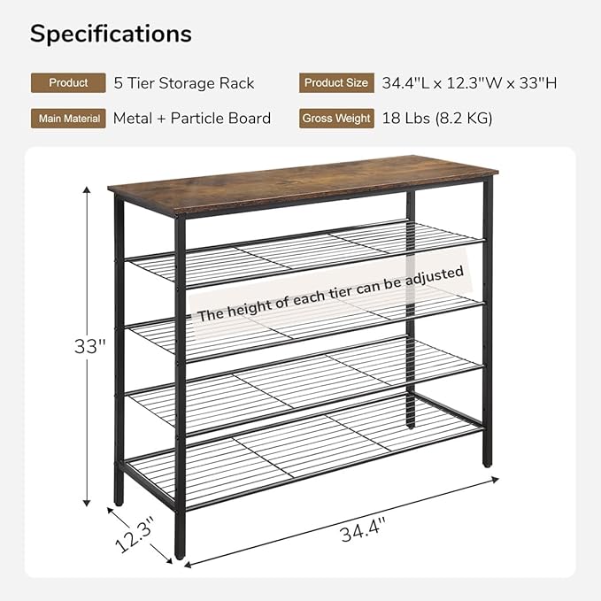 5-Tier Shoe Rack Organizer, Metal Mesh Shoe Storage Shelf, for Entryway, Hallway, Closet, Dorm Room, Industrial, Rustic Brown-NeatNest