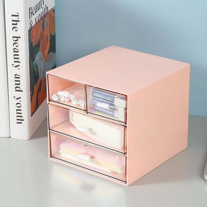 Makeup Organizer with 4 Drawers, Desk Organizer, Cosmetics Storage Box for nail polish, Lipstick, Brushes, Jewelry, Skincare, Bathroom Organization Boxes - Pink-NeatNest