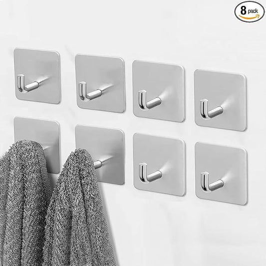 Adhesive Towel Hooks, 8 Pack Self Adhesive Coat Sticky Hooks for Hanging, Stainless Steel Stick on Wall Hat Hook, Bathrooms Kitchen Livingroom Garage, Silver