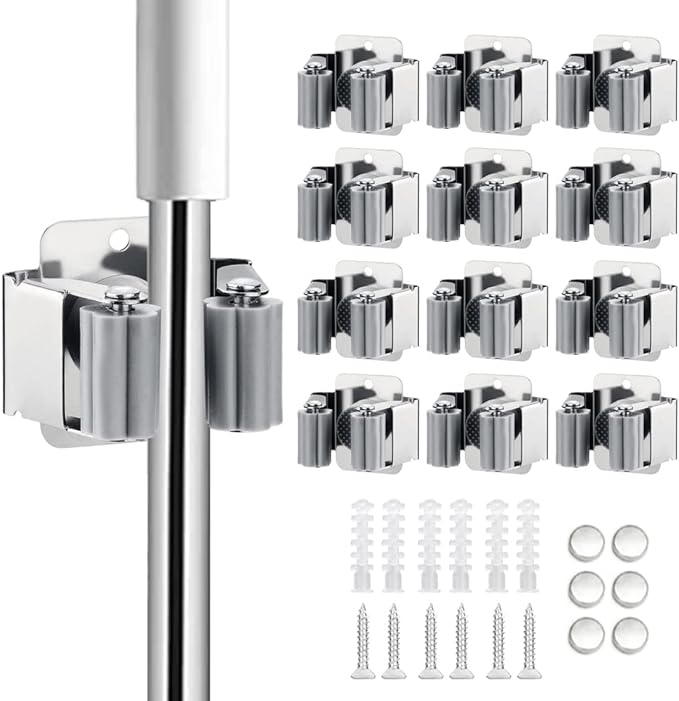 12PCS Broom and Mop Holder, Heavy Duty Garden Tool Organizer Rack Rake and Shovel Handle, Stainless Steel Mop Hanger. Wall Mounted Utility Rack with Screws, Silver-NeatNest