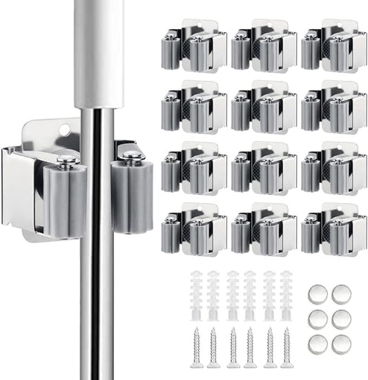 12PCS Broom and Mop Holder, Heavy Duty Garden Tool Organizer Rack Rake and Shovel Handle, Stainless Steel Mop Hanger. Wall Mounted Utility Rack with Screws, Silver-NeatNest