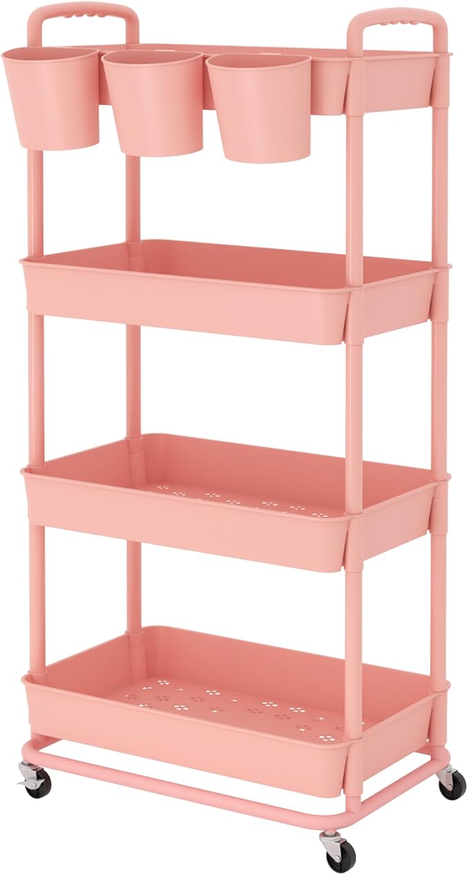 JIUYOTREE 4-Tier Plastic Rolling Storage Cart Utility Cart with Extra Hanging Cups Handles Lockable Wheels for Living Room Bathroom Kitchen Office Pink-NeatNest