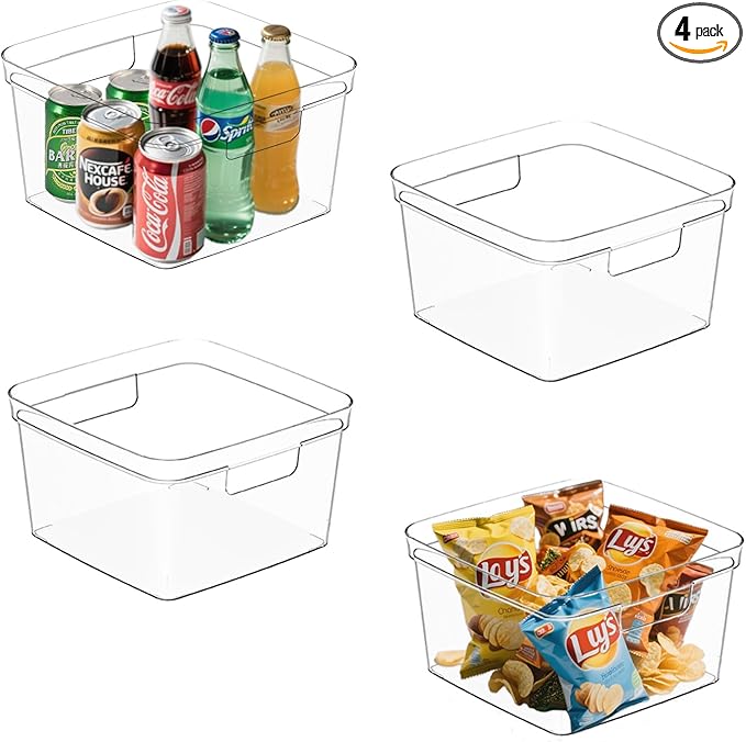 MOONEDGE Cube Storage Organizers Bins – Clear PET Storage Containers with Handles, Stackable Pantry & Closet Organizers for Kitchen, Bathroom, Laundry Room & Under-Sink Storage (4 Pack)-NeatNest