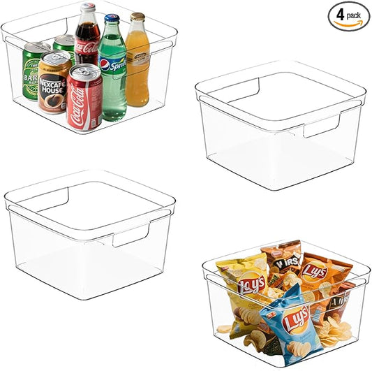 MOONEDGE Cube Storage Organizers Bins – Clear PET Storage Containers with Handles, Stackable Pantry & Closet Organizers for Kitchen, Bathroom, Laundry Room & Under-Sink Storage (4 Pack)-NeatNest