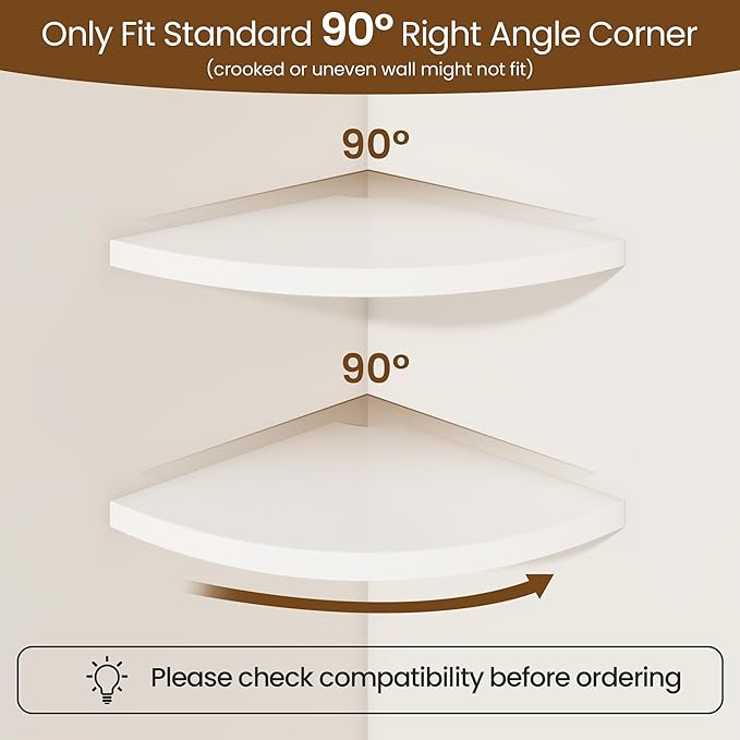 Fun Memories Corner Shelf Wall Mount Set of 2 - Solid Oak Wood Floating Corner Shelf with Cable Hole, 10in Rustic Design for Bedroom, Living Room, Kitchen (White)-NeatNest