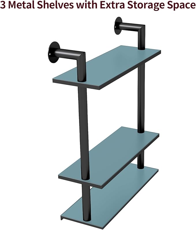 Floating Shelves, Wall Mounted Metal Floating Shelves Black with Frame and Towel Rack for Bathroom, Living Room, Bedroom, Kitchen
