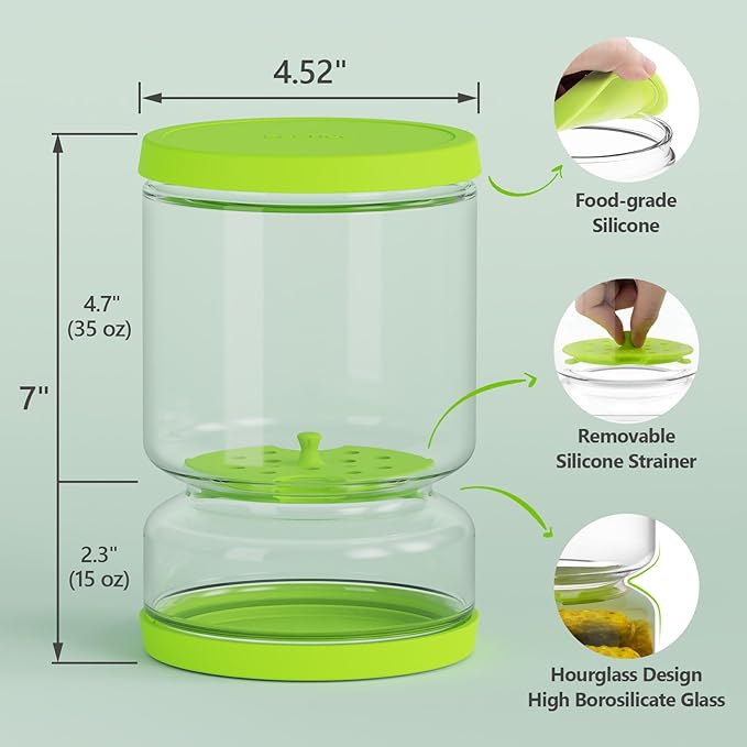 Glass Pickle and Olive Container - 50 OZ Airtight Jar with Strainer for Pickle Lover, Kitchen Organization Must-Have Versatile Food Keeper, BPA Free, Dishwasher Safe (Green Yellow)