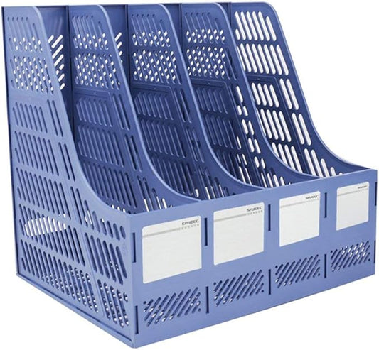 SAYEEC Sturdy Magazine Organizer Folder Desktop 4 Compartment File Holders Plastic Frames File Dividers Document Cabinet Rack Storage Box for Office Home School Blue