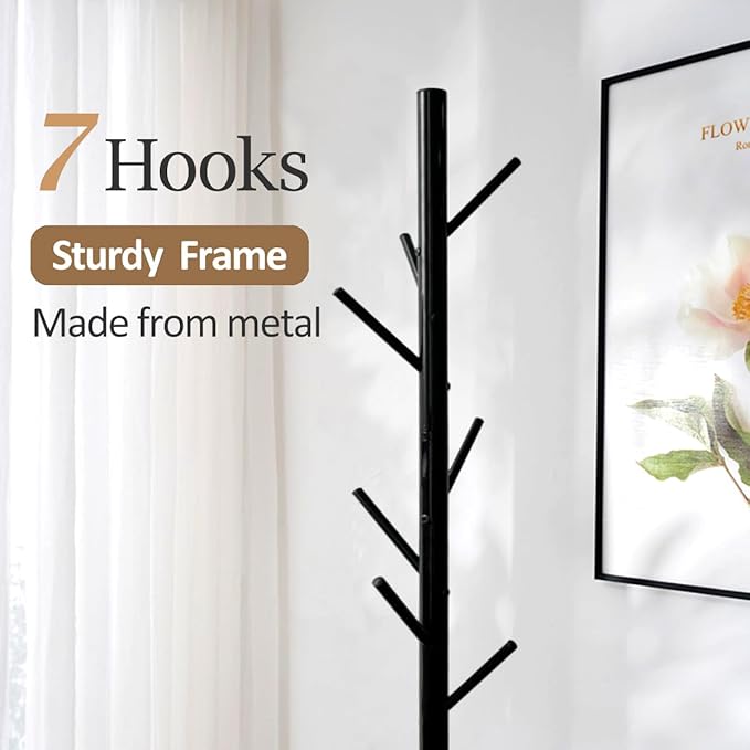 Kertnic Metal Coat Rack Stand, Free Standing Coat Rack with Stable Marble Base, High-Grade Coat Tree with 7 Hooks Metal Hall Tree Bedroom Floor Hat & Clothes Hanger (Black)-NeatNest