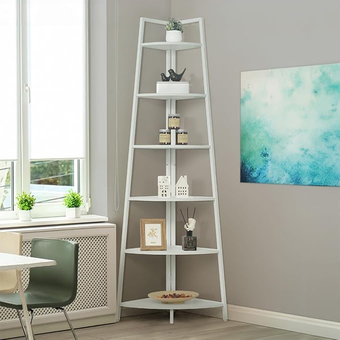 CAPHAUS Tall Corner Shelf Stand, 6-Tier Display Shelves, Ladder Corner Wood Storage Plant Bookshelf with Metal Frame, Versatile Shelving Unit Bookcase for Home Office Space, White-NeatNest