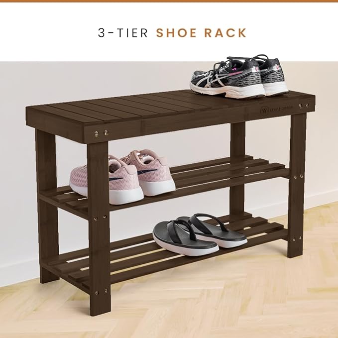 Leaf & Grain Bamboo Shoe Rack - Shoe Storage Bench for Front Door Entrance – Entryway Bench with Shoe Shelf, Shoe Storage Organizer, Wooden Shoe Rack, Durable Shoe Bench for Home (Walnut)-NeatNest