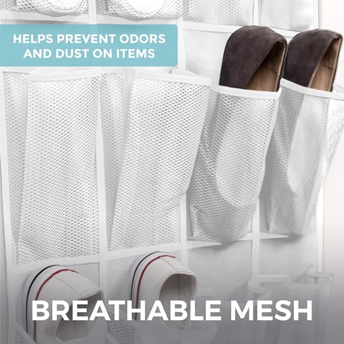 HOME GENIE Over the Door Hanging Shoe Organizer, 24 Breathable Mesh Pockets, Closet Rack Storage Holder, Stay in Place Hooks Hang on Closets, Hanger Holds Up to 40 lbs for Shoes, Accessories, White-NeatNest
