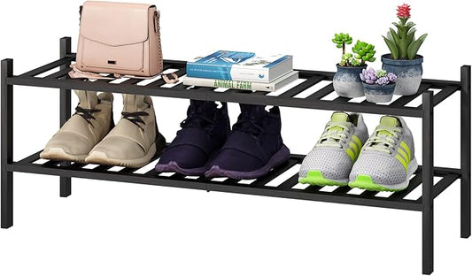 Black Shoe Rack, 2-Tier Long Shoe Rack for Entryway, Bamboo Wood Shoe Shelf for Closet & Hallway, Long 33IN | Beautiful | Functional | Sturdy | Durable-NeatNest