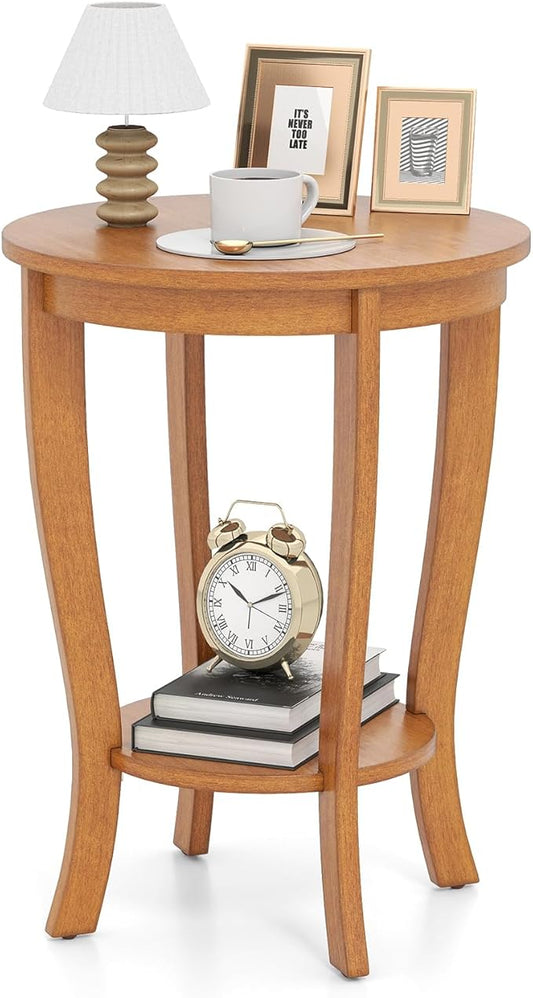 Giantex Round End Table, Retro Nightstand with Storage Shelf & Solid Wood Legs, 24.5" Accent Side Table for Small Spaces, Wood Bedside Night Stand for Living Room Bedroom, Light Brown
