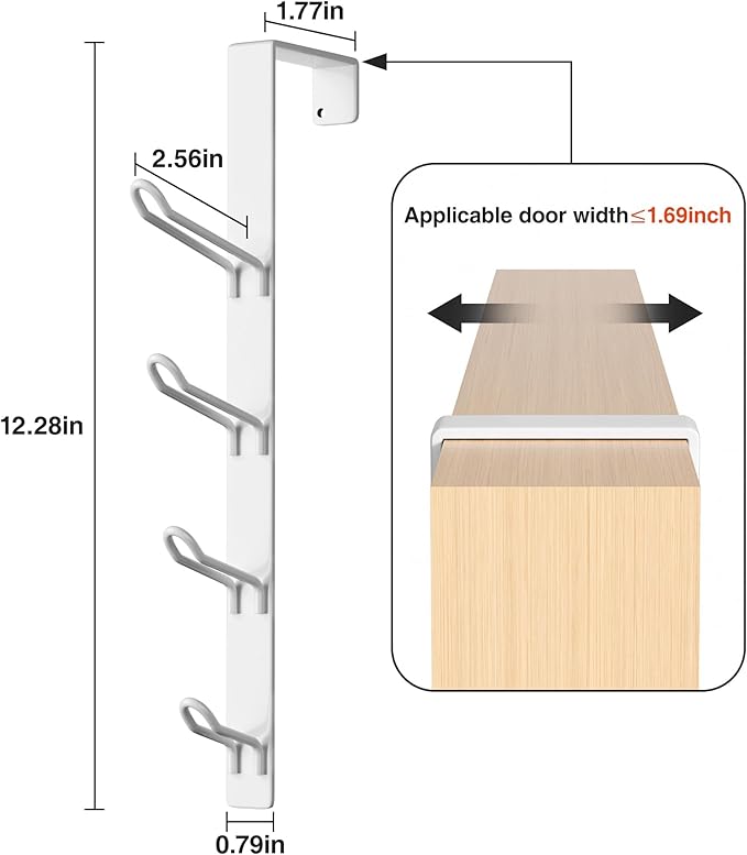 niffgaff 16 Hook Over The Door Hooks, Vertical Over The Door Towel Hook, Over Door Hook, Over The Door Hanger, for Towel and Clothes Hangers, White, 4 Pack,12.28"，for 1.7'' Door