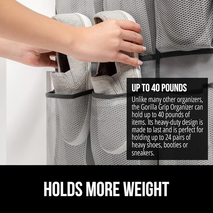 GORILLA GRIP Over the Door Shoe Organizer, 24 Large Breathable Mesh Pockets, Space Saving Hanging Storage Holder, Closet Rack Hanger Holds Up to 40 lbs, Hangs on Closets for Shoes, Accessories, Gray-NeatNest