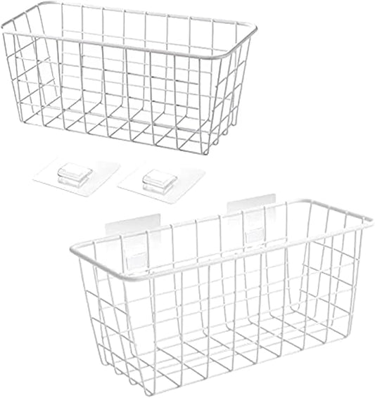 2 Set LeleCAT Hanging Wall Basket Organizer Over the Cabinet Door Adhesive Wire Baskets for Organizing Kitchen Food Pantry Bathroom Shelf Storage No Drilling Wall Mounted,White-NeatNest