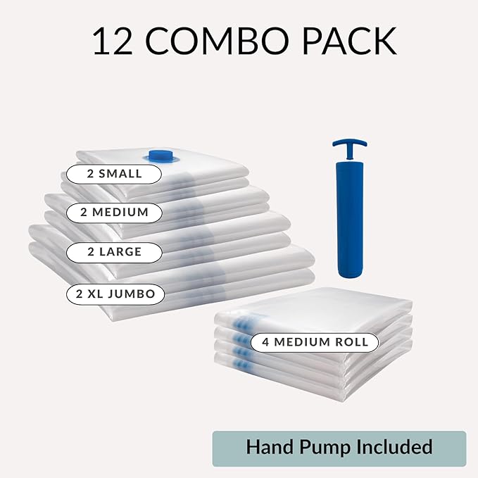 12 Pack Vacuum Storage Bags with Hand Pump, Compression Space Saver for Comforter, Bedding, Blanket Storage, Vacuum Seal Bags for Clothing, Luggage Suitcase and Closet Organizer-NeatNest