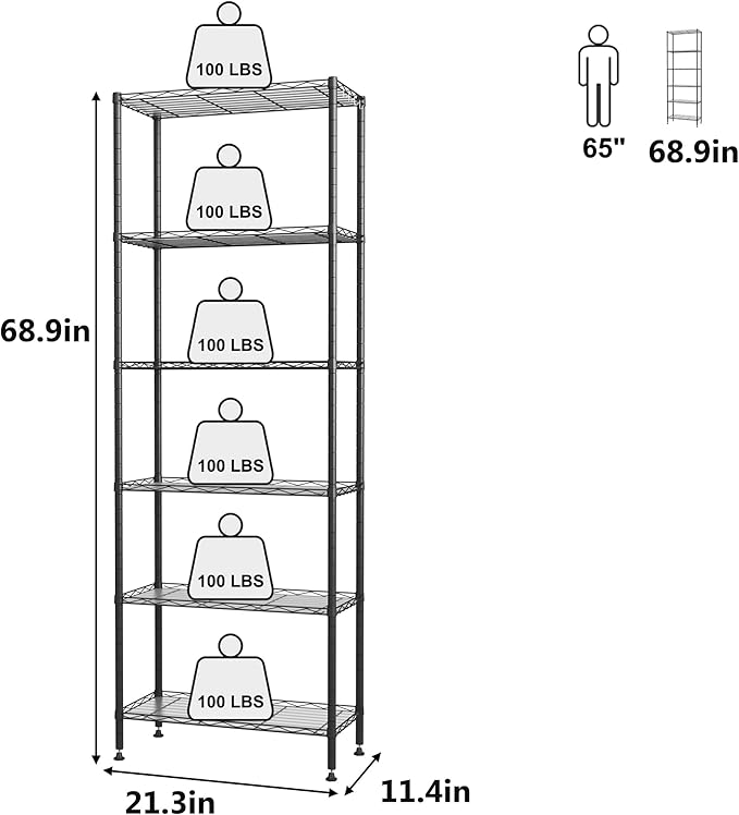 HOMEFORT 6-Shelving Unit, Adjustable Wire Shelving, Metal Wire Shelf Rack Organizer for Kitchen, Pantry, Closet, Bathroom, Laundry, Black,21" W x 11" D x 69" H