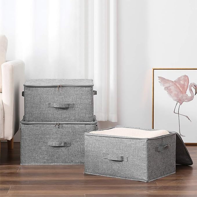 ANMINY Storage Bins with Zipper Lids 36 Qt Lidded Fabric Storage Boxes Baskets Cubes with Handles Collapsible Washable Cotton Linen Closet Shelf Clothes Organizer Containers - Gray, Large-NeatNest
