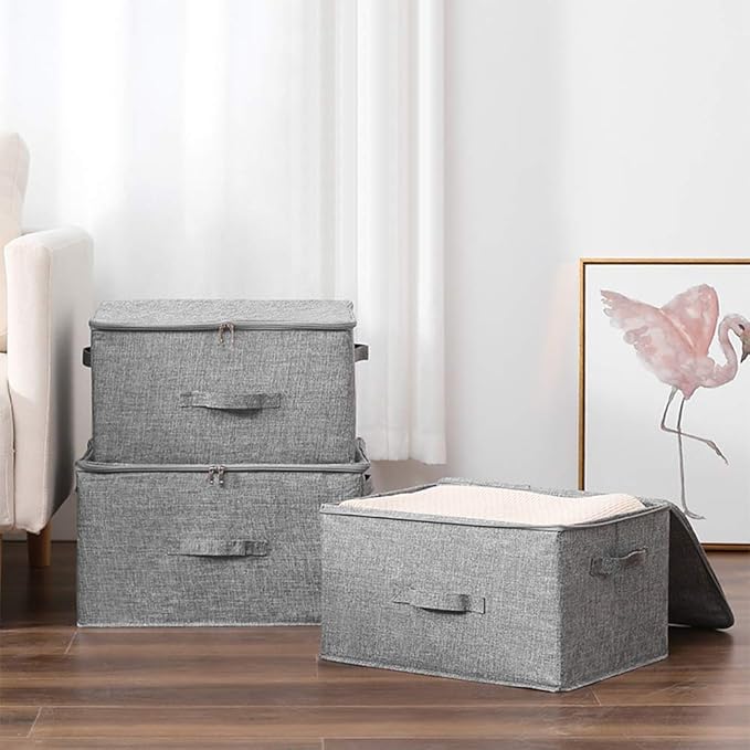 ANMINY 2PCS Storage Bins with Zipper Lids 36 Qt Lidded Fabric Storage Boxes Baskets Cubes with Handles Collapsible Washable Cotton Linen Closet Shelf Clothes Organizer Containers - Gray, Large-NeatNest