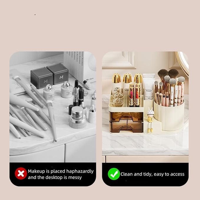 Makeup Organizer for Vanity with 2 Drawers,Countertop Rotating Makeup Brush Holder,Bathroom Organizer Holder,Cosmetic Display Case for Lipstick,Beauty,Skincare Organizer (White)-NeatNest