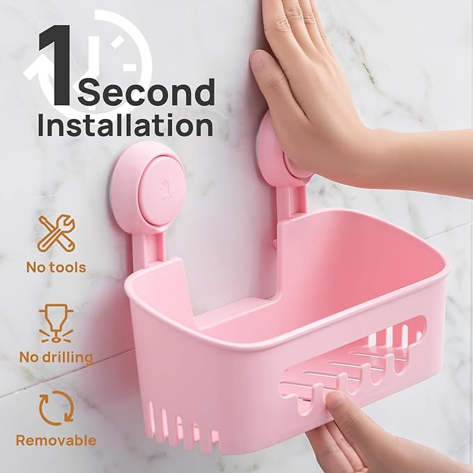 LEVERLOC Shower Caddy Suction Cup 2 Pack, Shower Organizer Removable Bathroom Shelf, Storage Suction Powerful Max Hold 22lbs Bathroom Caddy Waterproof Holder, Pink-NeatNest