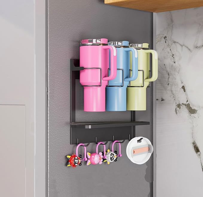 CINPIUK Water Bottle Organizer Holder, Magnetic Mug Hook Storage for Stanley & Large Tumbler, Space Saving Wall Mount Self-Adhesive Mug Organizer with 4 Hook, Easy to Install, Black-NeatNest