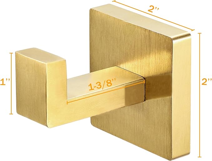 IBosins 4 Pack Towel Hooks Hand Towel Holder for Bathroom Wall Livingroom Bedroom Kitchen Closet Heavy Duty Stainless Steel Hook Hanger for Robe, Bath Towel, Coat (Square Brushed Gold)