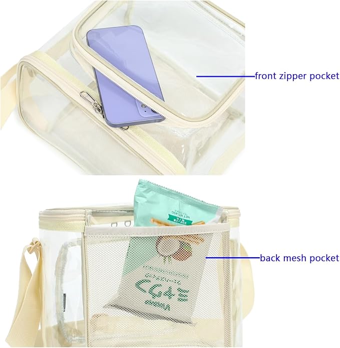FlowFly Insulated Reusable Lunch Bag Adult Large Lunch Box for Women and Men with Adjustable Shoulder Strap,Front Zipper Pocket and Dual Large Mesh Side Pockets,Clear#Biege-NeatNest