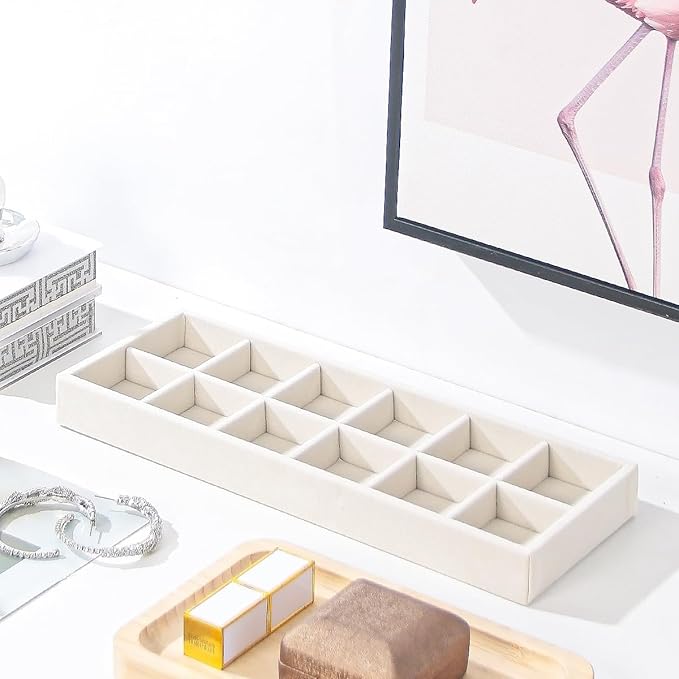 2Pcs Desk Drawer Storage Tray, Nightstand Organizer Tray, Necklace Bracelet Ring Earring Jewelry Display Tray, Grid Table Organizer Holder Tray for Sunglass, Phone, Watch, Perfume (12 grid)/Beige-NeatNest