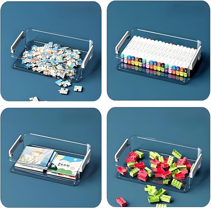 2 Pcs 5.5qt 9 x 13 Plastic Portable Project Case With Snap-Tight Latch, Clear Stackable Storage Boxes Organizer for A4 Files, Photos, Scrapbooks, Art Supplies (‎Blue Latch, Large)